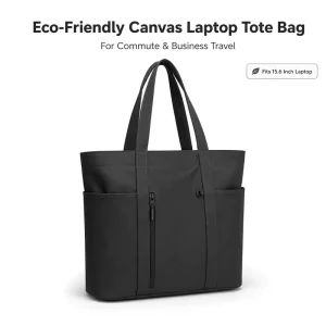 Custom Logo Black Canvas Tote Bag with 15.6 Laptop Compartment Waterproof Large Capacity Women Work Shoulder Bag for Business