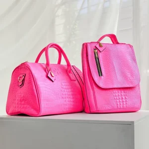 Custom Logo Croc Leather Neon Pink Women Duffle Weekender Travel Bag and Backpack Set