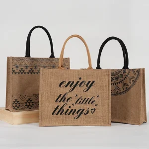 Custom Logo Eco Friendly Jute Burlap Linen Tote Bags Laminated Reusable Shopping Bags With Cartoon Pattern For Advertising
