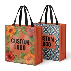 Custom Logo Eco Friendly Laminated Non Woven Shopping Tote Bag Full Color CMYK Tropical Print Reusable Supermarket Exhibition