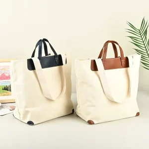 Custom Logo Eco Friendly Recyclable Reusable Organic Cotton Grocery Tote Shopping Bag with Zipper Closure Pockets Travel Gifts