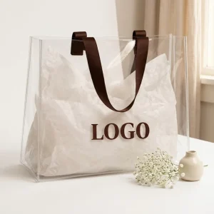 Custom Logo Eco Friendly Recycle Iridescent PVC Beach Bag Handle Clear Tote Shopping Bag For Gift