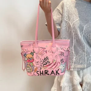 Custom Logo Graffiti PU Tote Bag With Unisex Large Capacity Aesthetic Commuting Zippered Closure OEM ODM Adults Spacious