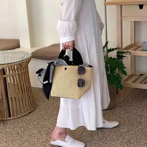 Custom Logo Handmade Raffia Straw Tote Bag Beige Black Strap Rustic Chic Summer Vacation Women Beach Bag