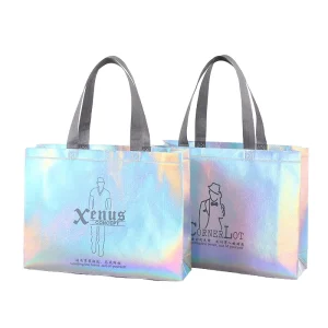 Custom Logo Iridescent Non Woven Tote Bag Holographic Laminated Fashion Gift Shopping Bag for Garment Shoe Store Retail