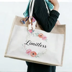 Custom Logo Jute Shopping Tote & Beach Bags with Closure Handle Folding Style Gunny Bags