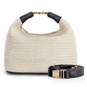 Custom Logo Ladies PU Leather Handle Woven Summer Vacation Daily Use Travel Crossbody Shoulder Straw Hobo Bag