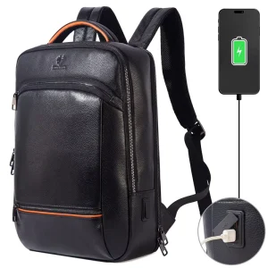 Custom Logo Laptop Backpack for Travel Genuine Leather Teen School Bag Business Work Daypack with USB Charging Port