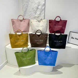 Custom Logo Large Capacity Suede Tote Bag Lifestyle Handle Bag Zipper Closure Tote Bag Solid Color Shopping Bag Pure Color