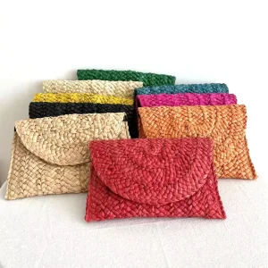 Custom Logo Large Straw Clutch Makeup Bag Cover Closure Chain Strap Polyester Lining Eco Friendly Portable Toiletry