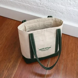 Custom Logo Large Thick Reinforced Handle Green Cotton Canvas Gift Tote Shopping Bag With Embroidery Logo