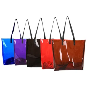 Custom Logo Luxury Large Neon PVC Vinyl Hand Bag Waterproof Transparent Jelly Shopping Beach Clutch Open Closure Letter