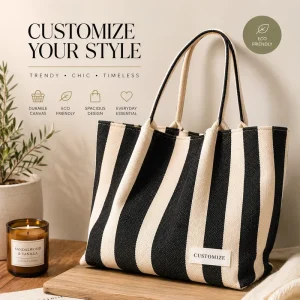 Custom Logo MOQ 50 Recycled Canvas Tote Bag Embroidered Striped Beach Bag Large Capacity Eco Friendly Shopping Tote for Women