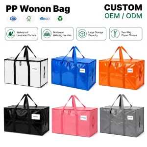 Custom Logo PP Woven Tote Bag Large Capacity Laminated Waterproof Handle Letter Print Reusable Durable Shipping Bag Factory