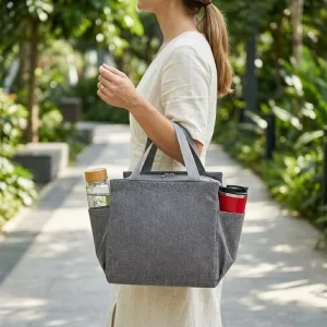 Custom Logo Portable Multipurpose Travel Shoulder Canvas Shopping Tote Bag With Water Bottle Pockets