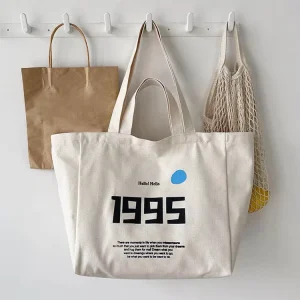 Custom Logo Printed Canvas Tote Bag Large Capacity Cotton Shoulder Bag Reusable Grocery Shopping Tote for Women Daily Travel