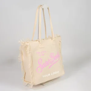 Custom Logo Printed Frayed Edge Canvas Tote Bag Vintage Fringe Trim Beach Handbag with Large Capacity for Summer Travel