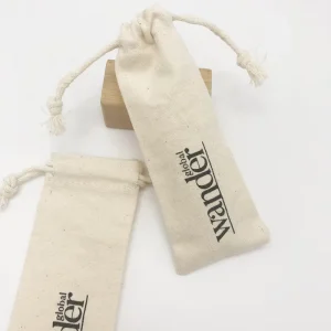 Custom Logo Printed Recyclable Brushed Canvas Cotton Gift Bag with Ribbon Customizable Sizes Drawstring Closure for Bracelets