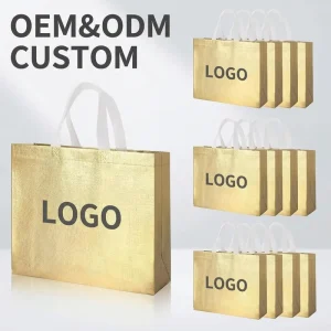 Custom Logo Printed Recyclable Shopping Bag Gold Metallic Non Woven Garment Bag Eco Friendly Fabric Reusable Tote