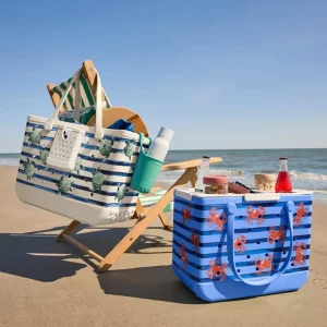 Custom Logo Printing Coastal Stripe Sea Turtle Printed EVA Beach Tote Bag Waterproof Large Capacity Summer Beach Bag
