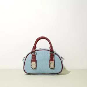 Custom Logo Quiet Luxury Denim Genuine Leather Shell Bag Women Retro Crossbody Handbag OEM ODM Top Grain Cowhide Mini Purse