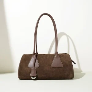 Custom Logo Retro Suede Leather Boston Bag Women Large Capacity Hobo Bag OEM ODM Split Leather Shoulder Purse with Round Handle