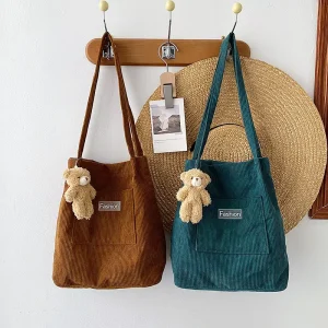 Custom Logo Reusable Large Canvas Corduroy Shopping Bags With Bear Design