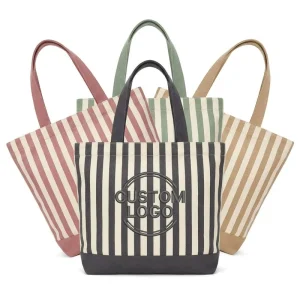 Custom Logo Striped Canvas Tote Bag Cotton Stripe Pattern Reusable Beach Grocery Shopping Bag Handbag Promotional Gift
