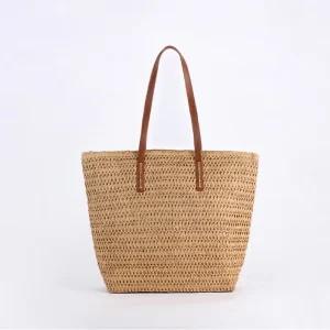 Custom Logo Stylish Open Top Beach Straw Tote Bag PU Handle Fashionable Polyester Purses Handbags Bulk Option