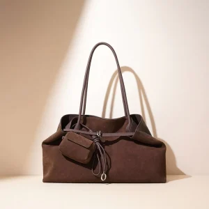 Custom Logo Suede Leather Tote Bag Women Minimalist Large Hobo Bag OEM ODM Split Leather Shoulder Purse with Pouch