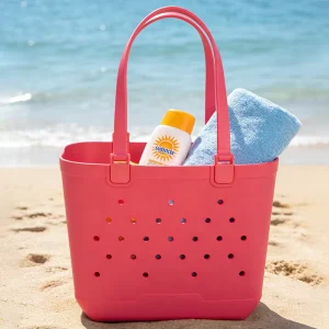 Custom Logo XL EVA Washable Waterproof Soft Foldable Beach Tote Bag with Holes Durable for Beach Pool Family Use