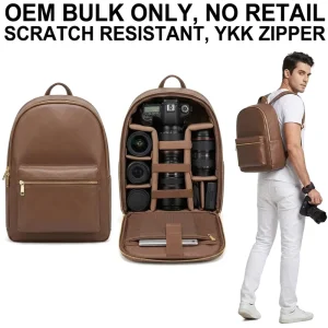Custom Mocha Microfiber Leather Camera Lens Bag Lens Tripod Flash Organizer Backpack with Shockproof Compartment