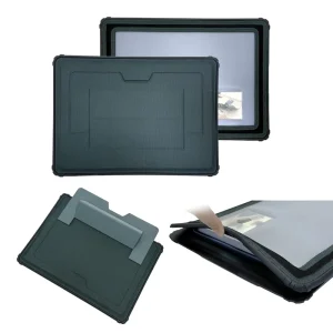 Custom ODM Rubber Anti drop Laptop Sleeve Magnetic Closure Foldable Multi angle Stand Transparent Window Notebook Bag