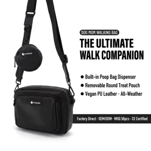 Custom PU Leather Dog Walking Bag With Small Treat Pouch Crossbody Dog Walking Bag Hidden Water Bottle Pocket