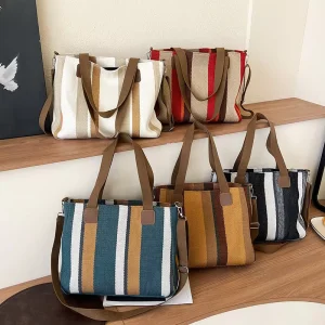 Custom Print Striped Large Capacity Letter Embroidery Personalized Fashion Purses and Handbags Women’s Cotton Canvas Tote Bag