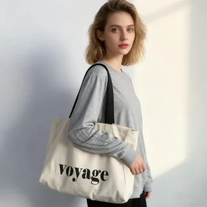 Custom Printed Recyclable Beach Bag Canvas Tote Shopping Bag with Ribbon Handle Pocket Letter Pattern for Logo Advertising