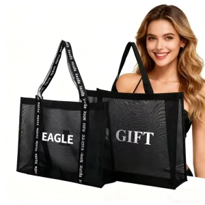 Custom Printed Stylish Canvas Cotton Mesh Shopping Tote Bag for Eco Friendly Storage Practical Letter Pattern for Summer Use