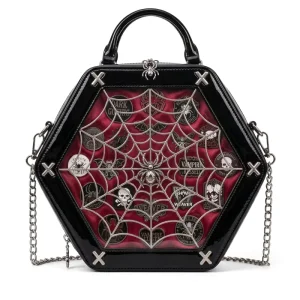 Custom Punk Gothic Hexagon Shape Ita Bag Shiny PU Leather Spider Web Clear Window Display Purse for Halloween Party