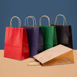 Custom Recycled Kraft Paper Carrier Bag with Embossed Handle and Ribbon for Shopping
