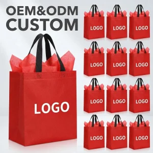 Custom Reusable Non Woven Tote Bag Eco Recyclable Fabric Shopping Handbag Red Solid Color for Supermarket