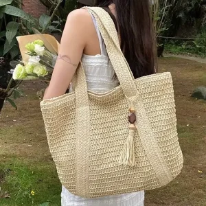 Custom Reusable Printed Logo Spring Summer Autumn Winter Large Straw Zipper Closure Fashionable Casual Tote Bags
