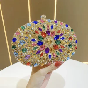 Custom Round Rhinestone Crystal Evening Clutch Bag Sunburst Pattern Detachable Chain Strap
