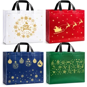 Custom Silk Screen Printed Laminated Non Woven Reusable Christmas Tote Bags Long Handles Eco friendly PP Shopping Bags Holiday