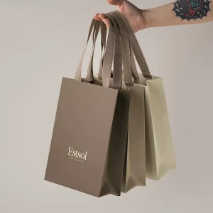 Custom Size Logo Printed Luxury Vertical Paper Bag With Woven Webbing Handle High End Portrait Boutique Carrier Shopping Bag