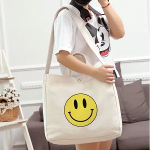 Custom Smile Face Print Canvas Tote Bag with Inner Pocket Reusable Cotton Shopping Bag