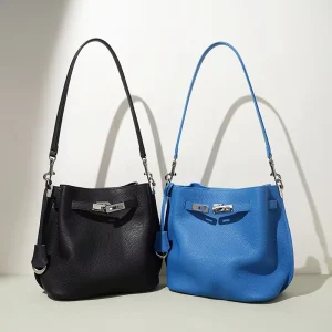 Custom Soft Genuine Leather Zip Bucket Bag Women’s Crossbody Bag All Match Lychee Grain Stitching Lock Fasteners Shoulder Bag