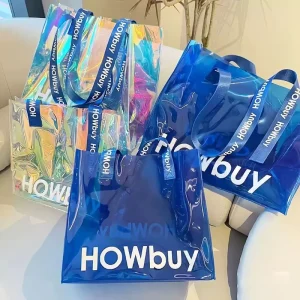 Custom Solid Color Waterproof Large Custom Print Logo Transparent PVC Shopping Tote Bag With Long Handle