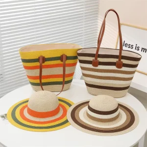 Custom Striped Straw Bucket Hat and Woven Bag Sets for Women Summer Fashionable Beach Sunshade Hat