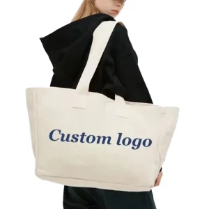 Custom Strong Handle Extra Large Green Canvas Beach Tote Bag Cotton With White Logo