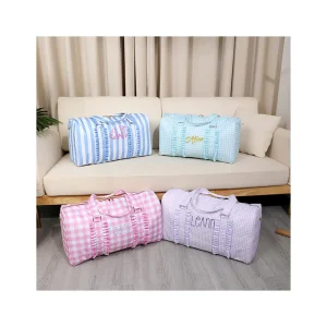 Custom Travel Overnight Bag Women Gingham Gym Weekender Bag Ruffle Nylon Pink Duffle Bag